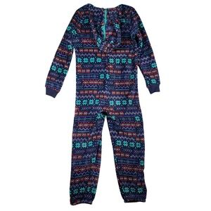 SO Intimates  XL Fleece Fair Isle Onesie Pajamas Hooded Blue Teal Cottagecore